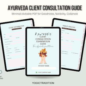 Peut inclure: Un guide numérique pour les consultations de clients en ayurveda. Le guide est divisé en trois sections : Informations sur le client, Guide d’examen de la consultation du client en ayurveda et Analyse de Vikruti. Le guide est conçu pour être utilisé avec des applications de prise de notes numériques telles que Goodnotes, Notability et Collanote.