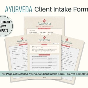 Ayurveda-intakeformulier voor cliënt pdf en bewerkbare canva-sjabloon, alternatieve geneeskunde, formulier medische geschiedenis voor ayurvedische therapeuten