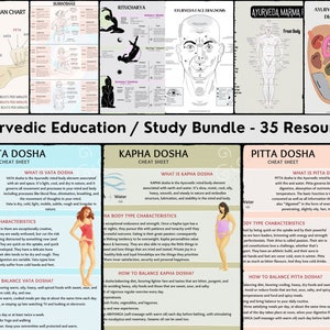 May include: A colorful infographic with the title "Ayurvedic Education / Study Bundle - 35 Resources". The infographic is divided into three sections, each with a different color scheme and a title: "Vata Dosha Cheat Sheet", "Kapha Dosha Cheat Sheet", and "Pitta Dosha Cheat Sheet". Each section includes a description of the dosha, its characteristics, and how to balance it.