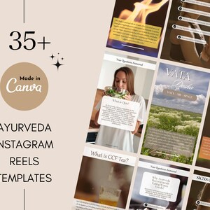 May include: A collection of 35+ Instagram reel templates for Ayurveda, featuring text overlays with titles like "What is CCF Tea?" and "Vata Dosha". The templates are designed in a modern, minimalist style with a neutral color palette.