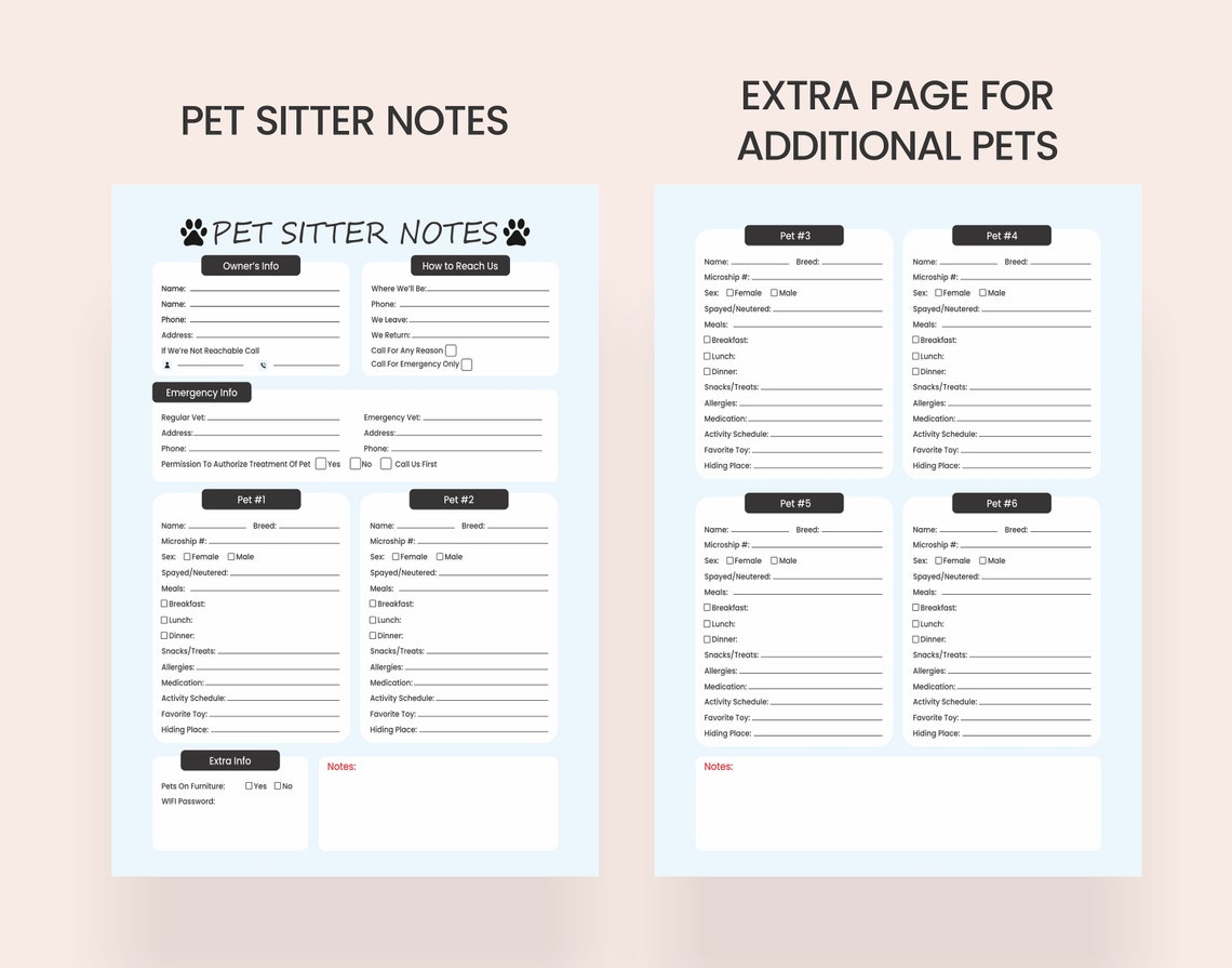 Pet Sitter Notes Printable Dog Sitter Notes Letter &amp; A5 Size | Etsy