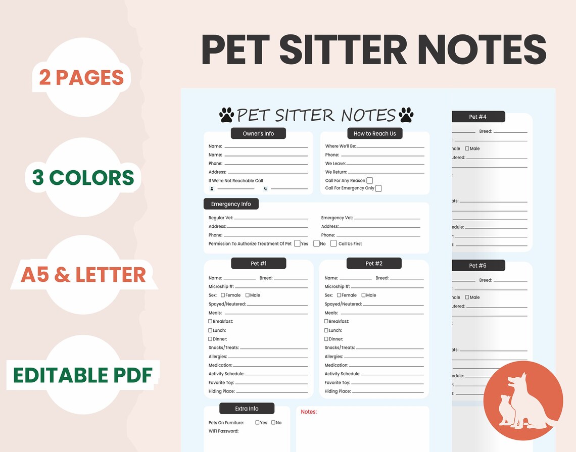 Pet Sitter Notes Printable Dog Sitter Notes Letter & A5 Size Etsy