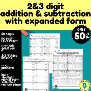 Puede incluir: Un conjunto de hojas de trabajo imprimibles para enseñar suma y resta de 2 y 3 dígitos usando la forma expandida. Las hojas de trabajo son en blanco y negro y presentan un fondo amarillo y verde brillante con el texto "2&3 digit addition & subtraction with expanded form" y "ONLY 50¢".