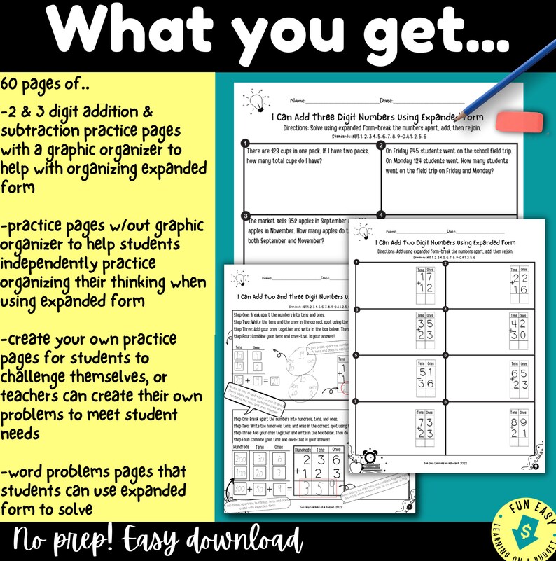 60 PRACTICE Pages 2 and 3 Digit ADDITION&SUBTRACTION W/expanded Form - Etsy
