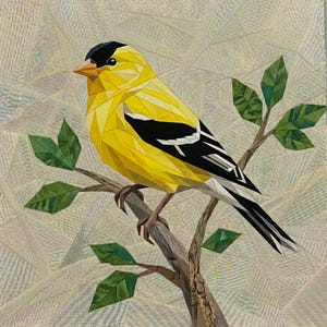 May include: A geometric fabric art piece depicting a bright yellow goldfinch with a black cap and wing markings perched on a brown branch with green leaves. The background consists of a light beige textured fabric with a triangular mosaic pattern.