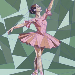 Peut inclure: Une illustration géométrique d'une danseuse de ballet en tutu rose et chaussons de pointe, rendue avec des polygones angulaires et de fins contours bleus. La figure se détache sur un fond fragmenté de nuances vertes et bleu clair géométriques.