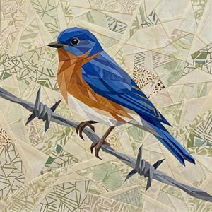May include: A geometric fabric collage artwork depicting a bluebird with vibrant blue and orange plumage perched on a gray barbed wire fence. The background consists of various cream, beige, and light green patterned fabric scraps arranged in a mosaic.
