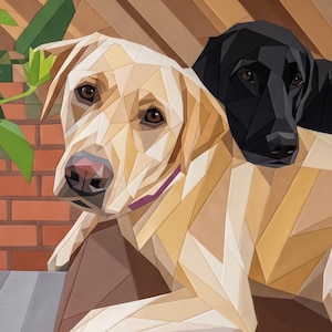 May include: A geometric art piece depicting two dogs, one yellow and one black, rendered in a faceted, angular style. The yellow dog is in the foreground with a purple collar, while the black dog rests behind it. The background features brick and green leaves.