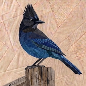 Può includere: Un arazzo in tessuto patchwork raffigurante una ghiandaia di Steller con piumaggio blu scuro e nero, una cresta prominente e un becco affilato. L'uccello è appollaiato su un palo di legno su uno sfondo di pezzi di tessuto geometrici color pesca.