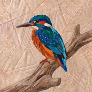May include: A fabric art quilt featuring a kingfisher bird with vibrant blue, turquoise, and orange plumage perched on a brown tree branch. The background consists of light beige fabric pieces arranged in a geometric, angular, and stitched pattern.