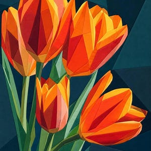Op de afbeelding: Een geometrisch kunstwerk met een boeket oranje en rode tulpen met scherpe, hoekige facetten. De bloemen vertonen levendige tinten oranje, geel en dieprood, die contrasteren met lange, puntige groene bladeren en een donkerblauwe achtergrond.