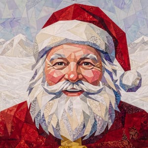 May include: A geometric fabric quilt wall hanging depicting a portrait of Santa Claus. The design features a red hat, a white beard, and a face constructed from various patterned fabric shards in shades of red, white, gray, and tan.