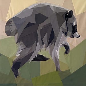 May include: A fabric quilt wall hanging featuring a geometric, pieced design of a raccoon in shades of charcoal, slate grey, and white. The background consists of angular patches in muted olive green, sage, and pale yellow fabric segments.