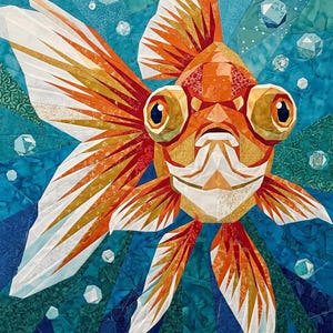 Puede incluir: Un tapiz de tela que muestra un pez dorado estilizado con ojos grandes y prominentes. El pez está representado en tonos naranja, dorado y blanco, sobre un fondo azul y verde azulado profundo con formas geométricas claras que parecen burbujas.