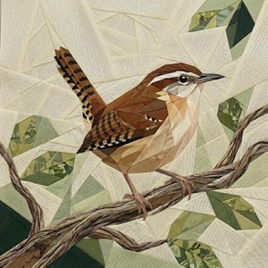 May include: A textile artwork depicting a brown bird with a white eye stripe, perched on a brown branch. The bird has a patterned tail, set against a backdrop of green leaves and geometric shapes in beige and green hues. A nature-themed piece.