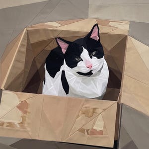 May include: A fabric quilt wall hanging featuring a geometric paper-pieced design of a black and white cat sitting inside a tan cardboard box. The cat has pink ears and a pink nose, rendered with angular fabric segments in shades of brown and gray.