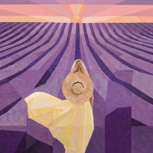 May include: A fabric quilt featuring a geometric pieced design of a person wearing a wide-brimmed straw hat and a flowing yellow dress, standing in a vast field of purple lavender rows under a sunset sky with shades of pink, orange, and purple.