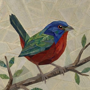 May include: A mosaic-style artwork of a bird perched on a branch. The bird features a deep blue head, green wings, and a reddish-orange chest, constructed from angular paper segments. The background consists of light-colored, textured paper pieces.