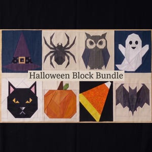 May include: A collection of eight fabric quilt blocks arranged in two rows, featuring Halloween motifs including a witch hat, spider, owl, ghost, black cat, pumpkin, candy corn, and bat. The text "Halloween Block Bundle" is centered.