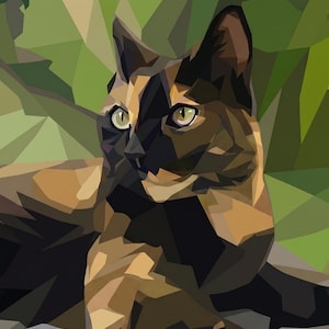 May include: A geometric digital illustration of a tortoiseshell cat featuring angular patches of black, brown, and tan fur. The cat has light green eyes and is set against a background of abstract green and olive polygonal shapes.