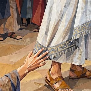 May include: A fabric quilt wall hanging featuring a geometric pieced design of a hand reaching out to touch the hem of a white robe. The scene includes figures in brown, blue, and red garments, with sandals visible on the feet of the individuals.