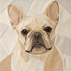 May include: A fabric wall art piece featuring a geometric, pieced-together portrait of a French Bulldog. The dog is rendered in shades of cream, beige, and tan, with dark brown eyes and a dark gray muzzle, constructed from angular fabric segments.