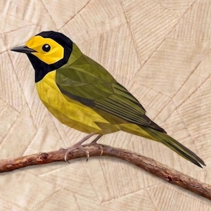 May include: A geometric fabric wall hanging featuring a stylized bird with a bright yellow face, black head markings, and olive green wings perched on a brown branch against a light beige quilted background with a triangular stitched pattern.