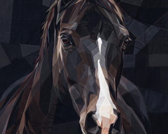 May include: A fabric wall hanging featuring a geometric, mosaic-style portrait of a horse. The horse is rendered in shades of black, charcoal, and dark brown, with a prominent white blaze running down the center of its face and dark, expressive eyes.