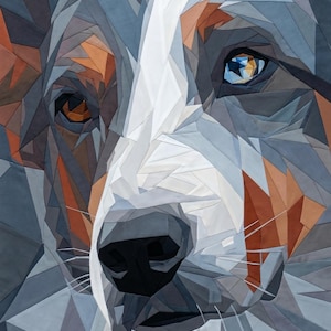 Peut inclure: Œuvre d'art géométrique représentant le visage d'un chien, avec un design en mosaïque. Le chien a un nez noir, des yeux bruns et bleus, et un pelage blanc et gris avec des accents orange. L'œuvre est un gros plan.