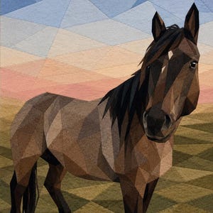 May include: A geometric illustration of a brown horse with a black mane and tail. The horse is standing in a field with a geometric pattern. The background features a sky with blue, orange, and pink hues.