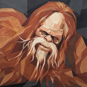 May include: A fabric quilt wall hanging featuring a geometric, pieced portrait of a creature with long, shaggy brown hair and a white beard. The design uses various shades of brown, tan, and cream fabric segments against a dark charcoal background.