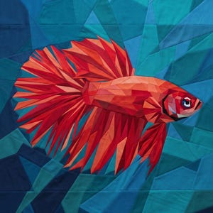 May include: A fabric quilt featuring a geometric, pieced design of a vibrant red betta fish with flowing fins. The fish is set against a background of angular, overlapping fabric shapes in various shades of blue, teal, and navy, creating a mosaic effect.