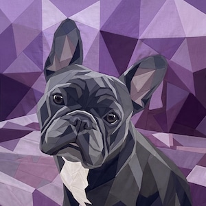 May include: A geometric fabric wall hanging featuring a dark grey French Bulldog with a white chest patch. The dog is composed of angular, multi-tonal grey and black fabric pieces, set against a background of various shades of purple triangles.