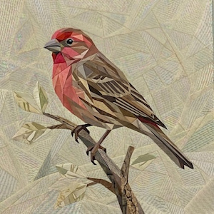May include: A detailed, geometric artwork of a bird perched on a branch. The bird features shades of red, brown, and gray, with a textured appearance. The background is a light, patterned design, and the bird is resting on a brown branch with leaves.