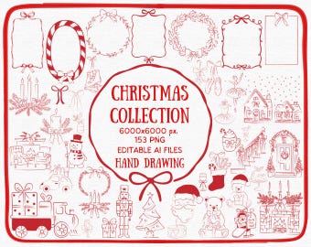 Hand Drawn Christmas Clipart Bundle, Festive Line Art (PNG, AI)