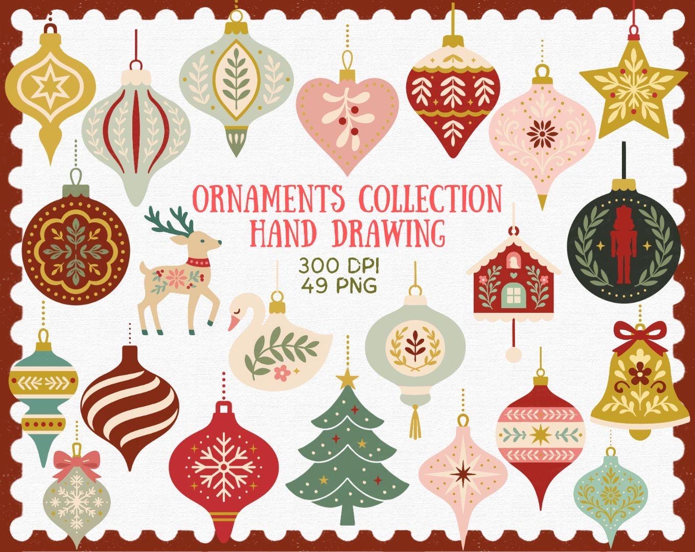 Hand-Drawn Christmas Ornaments Clipart | Retro Holiday PNG Set, image size:1360x1080