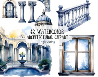 42 Watercolor Style Architectural Element, PNG Bundle, Renaissance Architectural Element, Column, Roof, Door, Dome, Stone Wall, Window, etc.