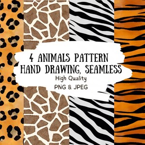 Può includere: Quattro disegni di motivi animali senza cuciture. I motivi includono macchie di leopardo, stampa giraffa, strisce di zebra e strisce di tigre. L'immagine include anche il testo "4 ANIMALI MOTIVO DISEGNO A MANO, SENZA CUCITURE Alta Qualità PNG & JPEG."