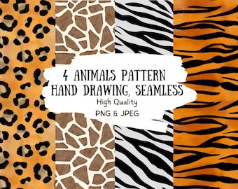 Animal Print Seamless Pattern Bundle: Leopard, Zebra, Tiger, Giraffe (PNG & JPEG)