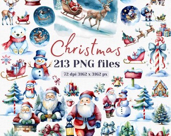 Watercolor Christmas Cute Clipart Bundle 213 PNG, Santa, Ornaments, Tree, Snowman, Socks, Reindeer Sledge, Candle, Bells, Pole, Gift, etc.