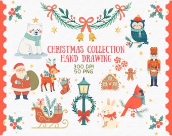 Hand-Drawn Christmas Clipart Bundle: Santa, Reindeer PNG (Digital Download)