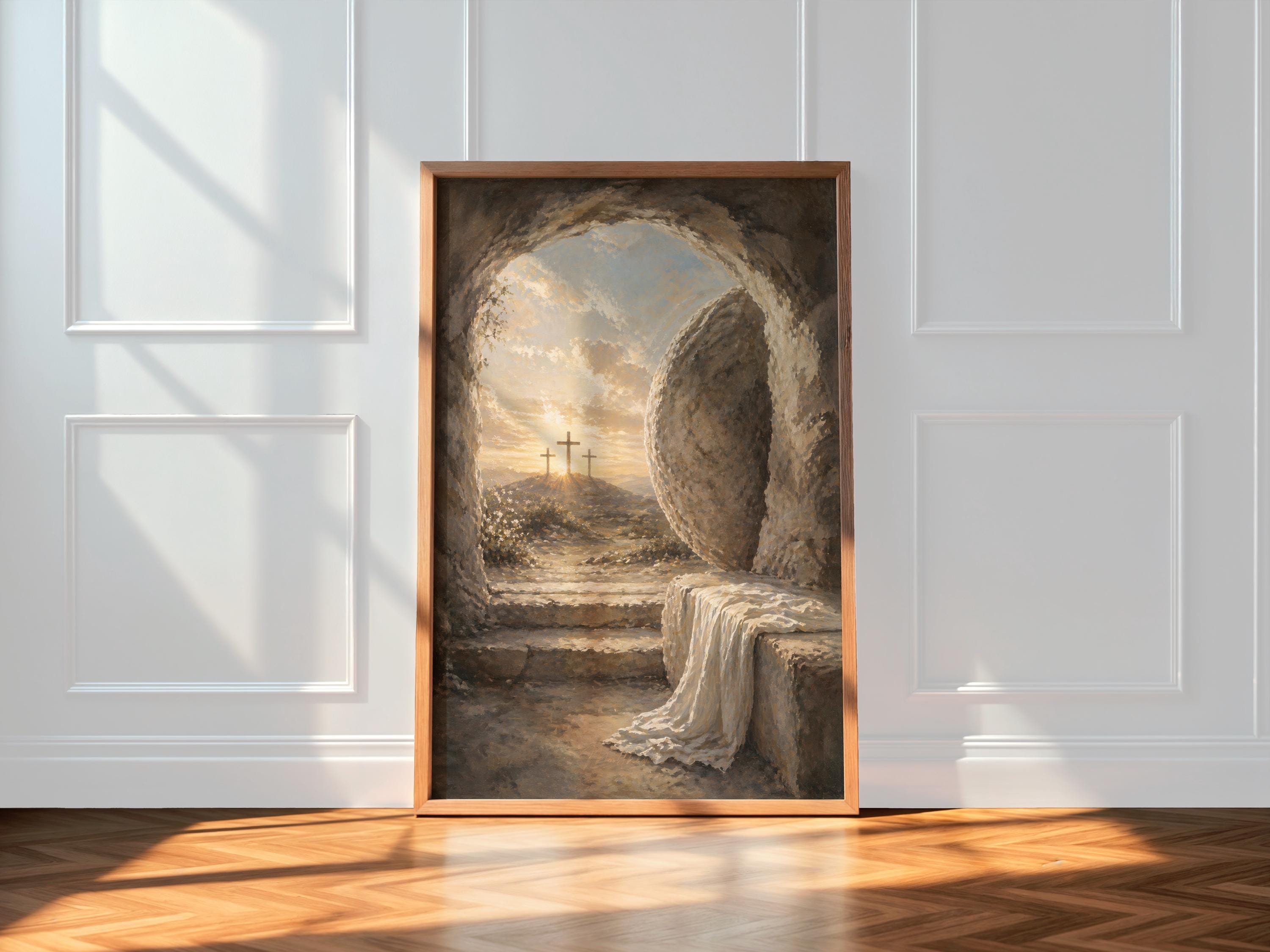 Resurrection Easter Print, Empty Tomb Cross Christian Wall Art ...