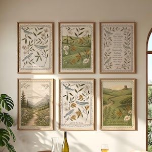 Puede incluir: Un conjunto de seis láminas decorativas rectangulares en marcos de madera clara, con ilustraciones botánicas, paisajes y aves. Cada lámina incluye bordes decorativos y texto inspirador, dispuestas en dos filas de tres sobre la pared.