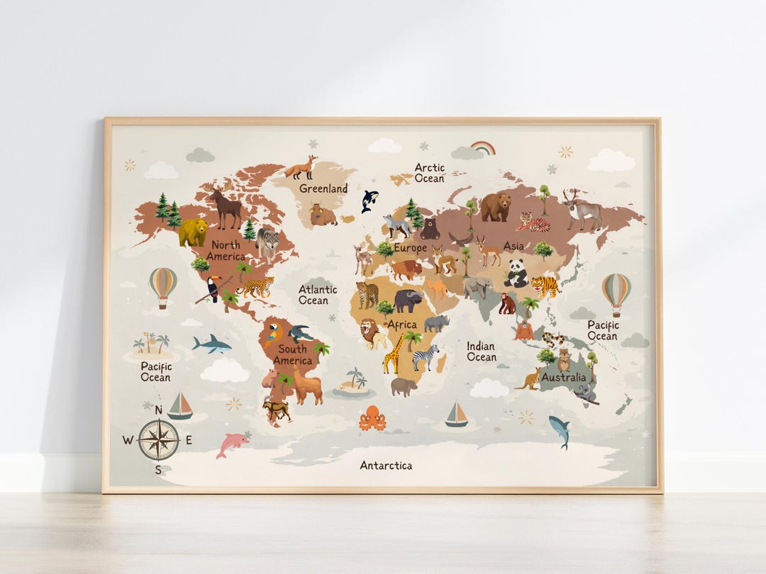 Earthy World Map Print, Kids Animal Nursery Learning Poster (digital ...