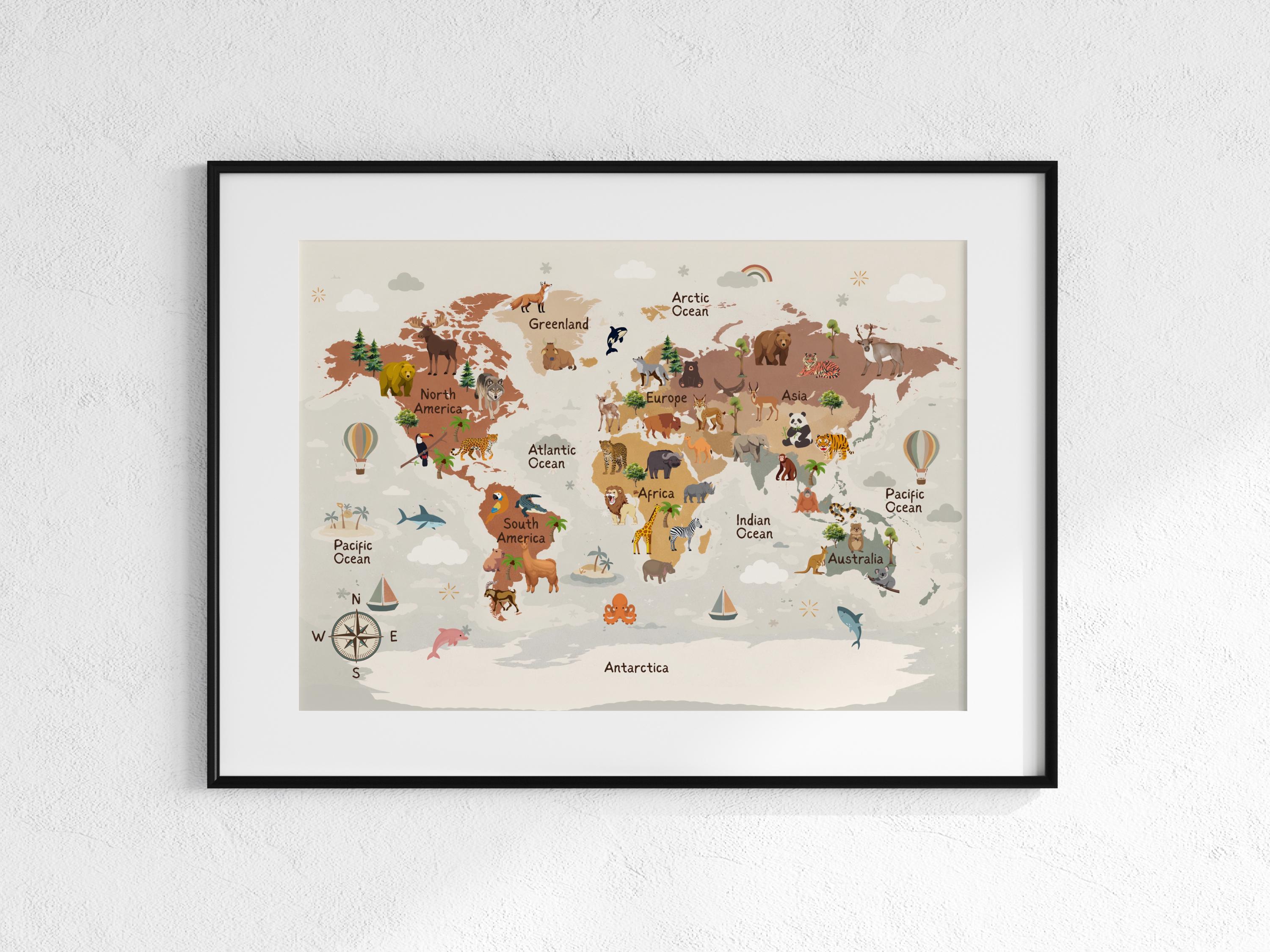 Earthy World Map Print, Kids Animal Nursery Learning Poster (digital ...