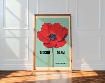 Tikkun Olam Print Jewish Wall Art Red Poppy Flower Inspirational Hebrew Quote Digital Download
