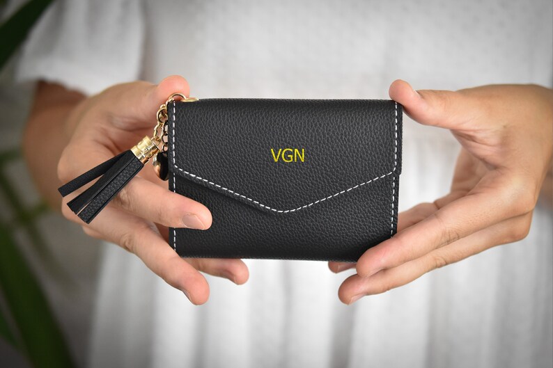 Vegan Mini Wallet For Women Personalized Small Cute Wallet Black