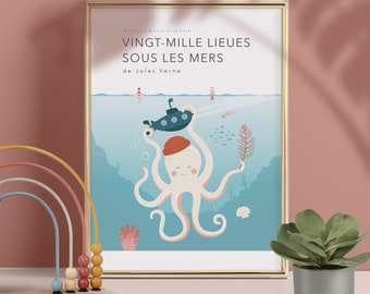 Affiche - 20 000 lieues sous les mers, vingt-mille, Poster Chambre d’enfants fille et garçon, océan, pieuvre, déco bébé, cadeau naissance