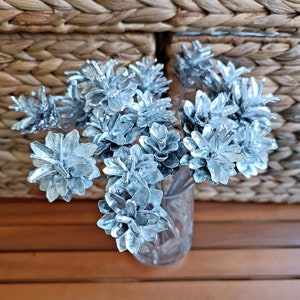 17 pcs Small Silver Pine Cone Flowers on Stem, Pinecone floral country forest home decor, Winter flowers bouquet, Painted Pinecones of Stem