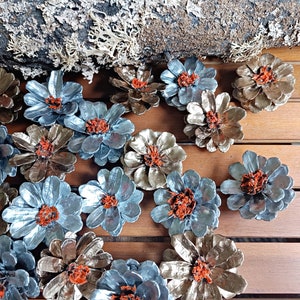 Pine cone Flowers Zinnia Daisy Dried Natural Hand painted silver golden for DIY Crafts, Wreath making small flowers, Forest Rustic Country